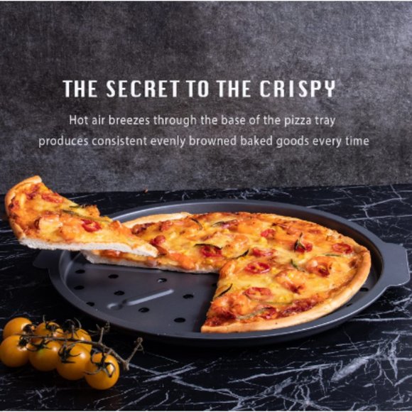Set of 2 - 12" Round Nonstick Baking Pizza Trays with Holes For Oven  (Grey) - Picture 6 of 11